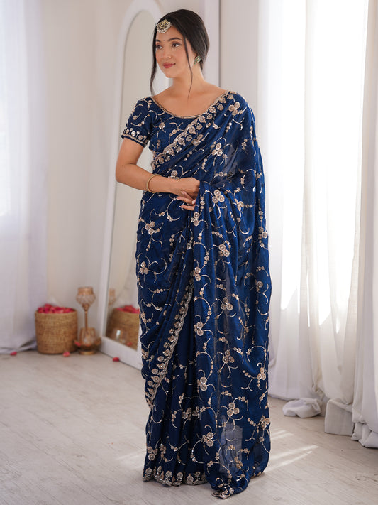 Navy Blue Embroidered Organza Saree with Cutwork Border
