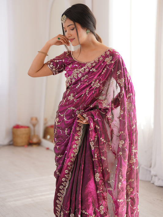 Magenta Embroidered Organza Saree with Cutwork Border