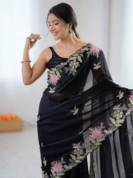 Black Organza Saree with Pink Floral Cutwork Scallop Border