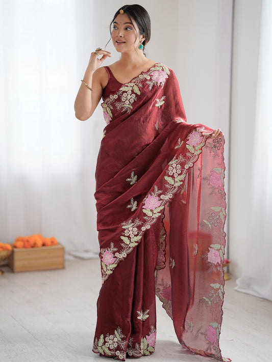 Maroon Organza Saree with Pink Floral Cutwork Scallop Border