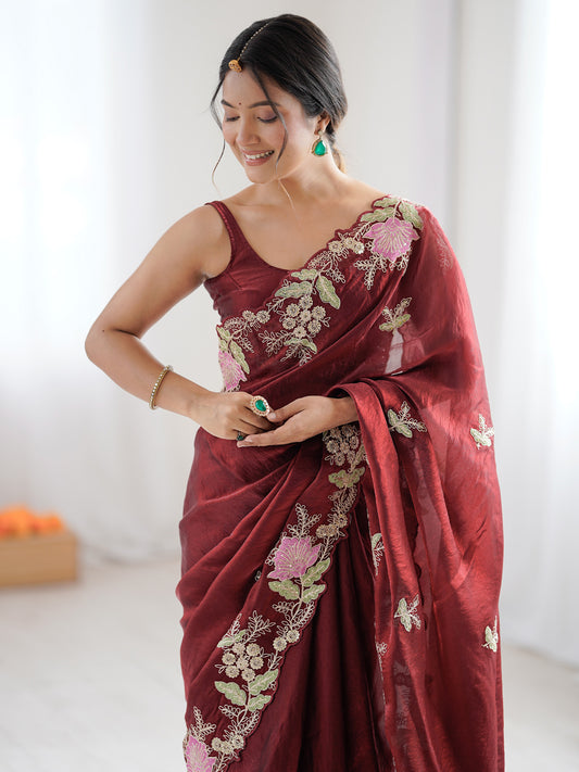 Maroon Organza Saree with Pink Floral Cutwork Scallop Border