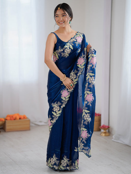 Deep Blue Organza Saree with Pink Floral Cutwork Scallop Border
