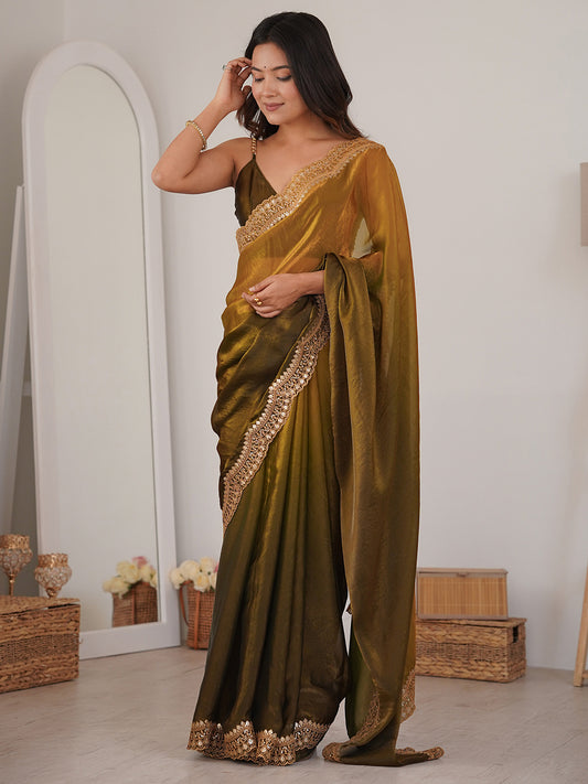 Olive Green Emblished Satin Saree
