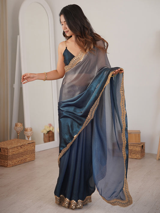 Midnight Blue & Grey Ombre Partywear Saree