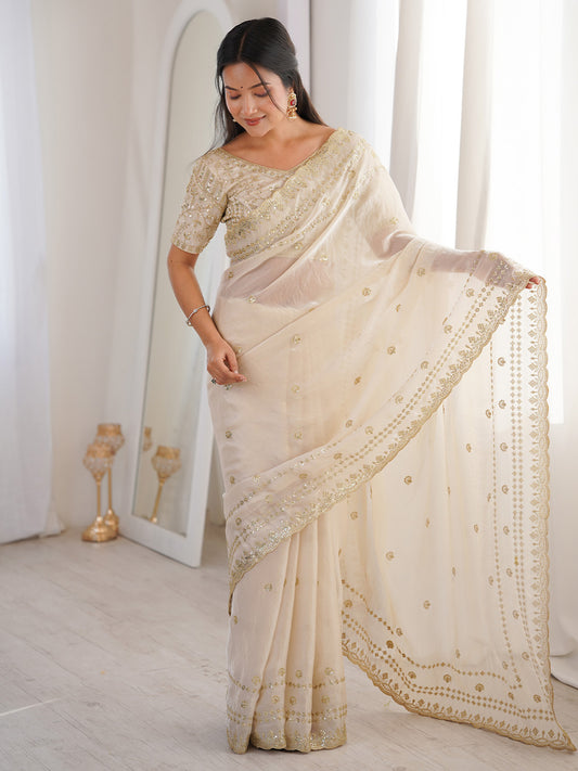 Off-White Emblished Party Wear saree