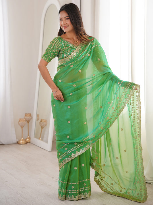 Mint Green Satin Emblished Party Wear Saree