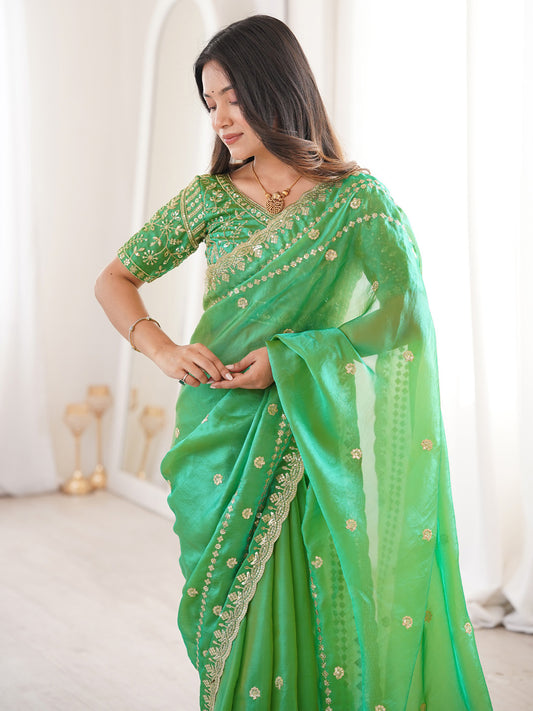 Mint Green Satin Emblished Party Wear Saree