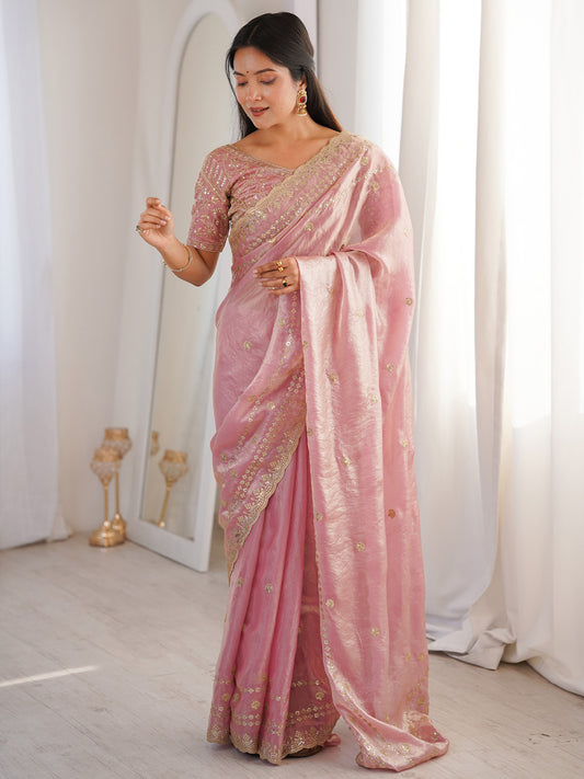 Light Pink Satin Emblished Party Wear Saree