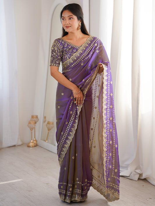 Light Purple Satin Emblished Party Wear Saree