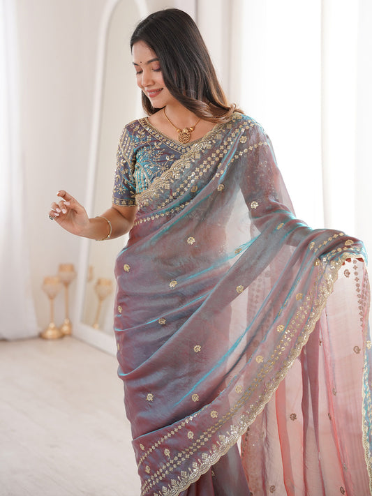 Dual-Tone Mauve Satin Emblished Party Wear Saree