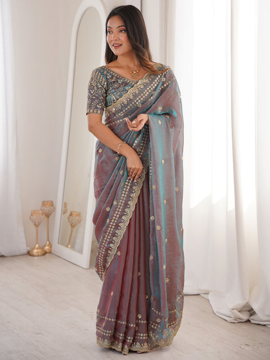 Dual-Tone Mauve Satin Emblished Party Wear Saree