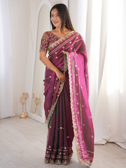 Magenta Satin Emblished Party Wear Saree