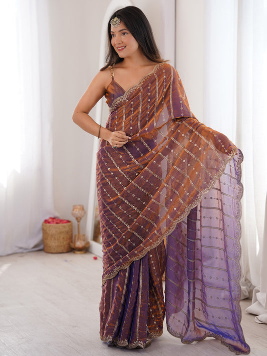 Brown Satin Emblished Party Wear Saree