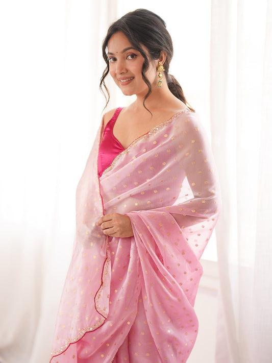 Pink Satin Emblished Party Wear Saree