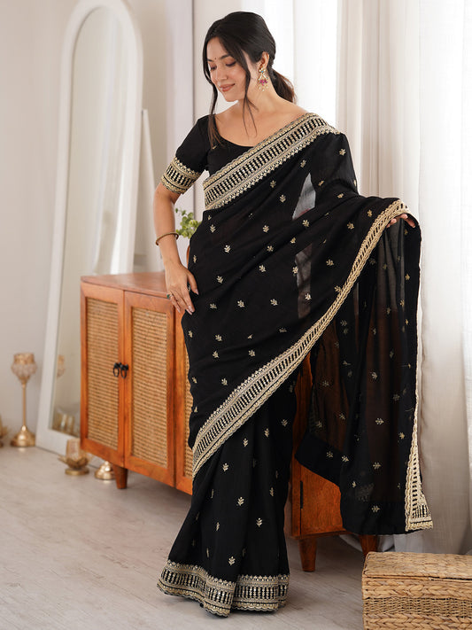 Black Chiffon Embroidery with Zari Thread Work