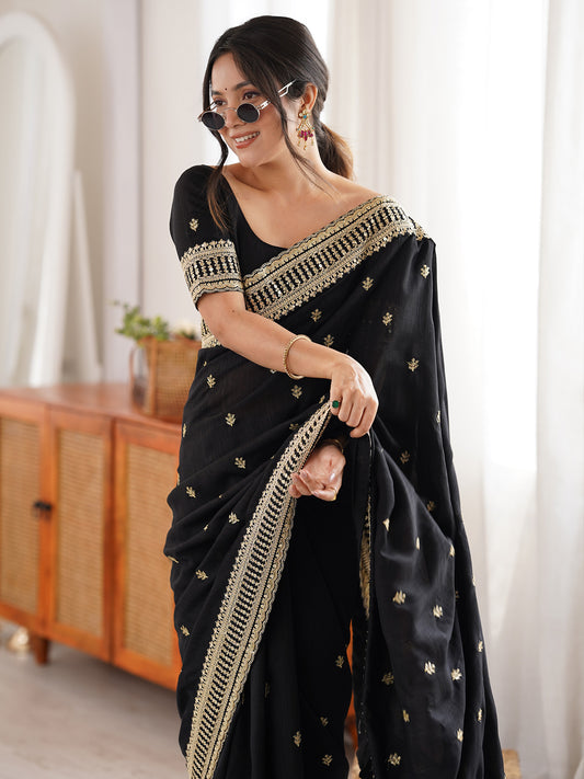 Black Embroidered Art Silk Saree