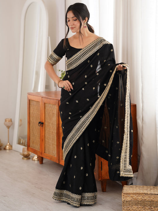 Black Embroidered Art Silk Saree