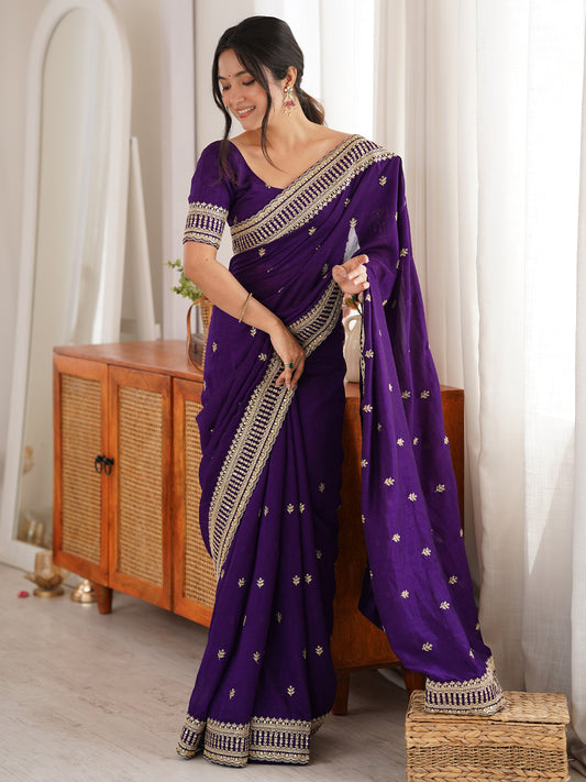 Purple Embroidered Art Silk Saree