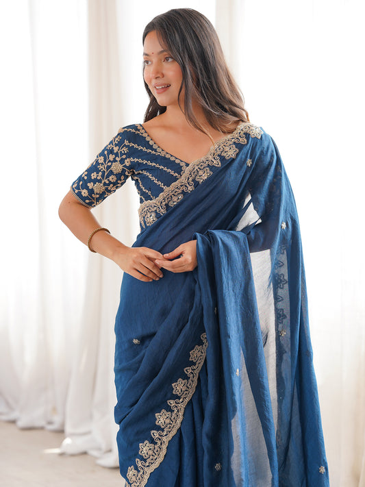 Peacock Blue Embroidered Vichitra Silk Saree