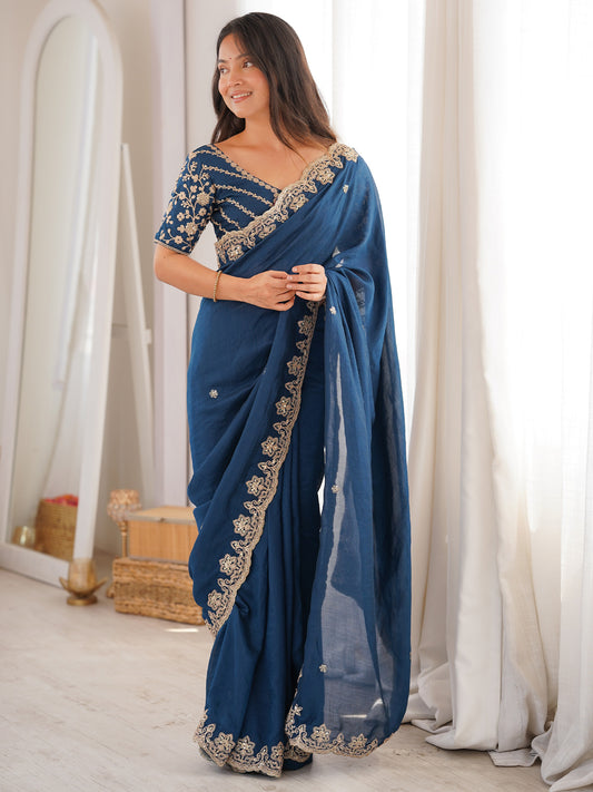 Peacock Blue Embroidered Vichitra Silk Saree