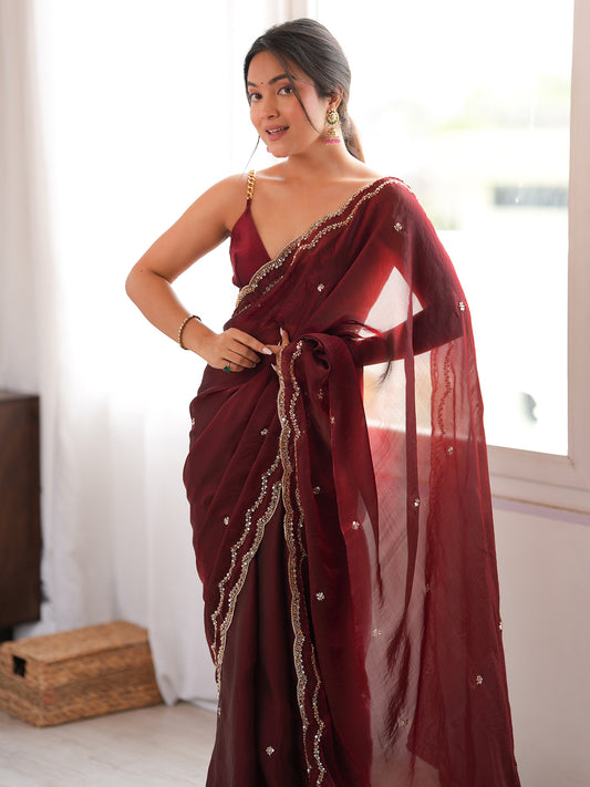 Maroon Satin Silk Saree with Embroidered Cutwork Border