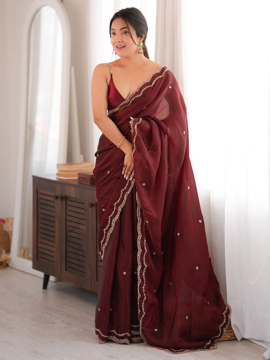 Maroon Satin Silk Saree with Embroidered Cutwork Border