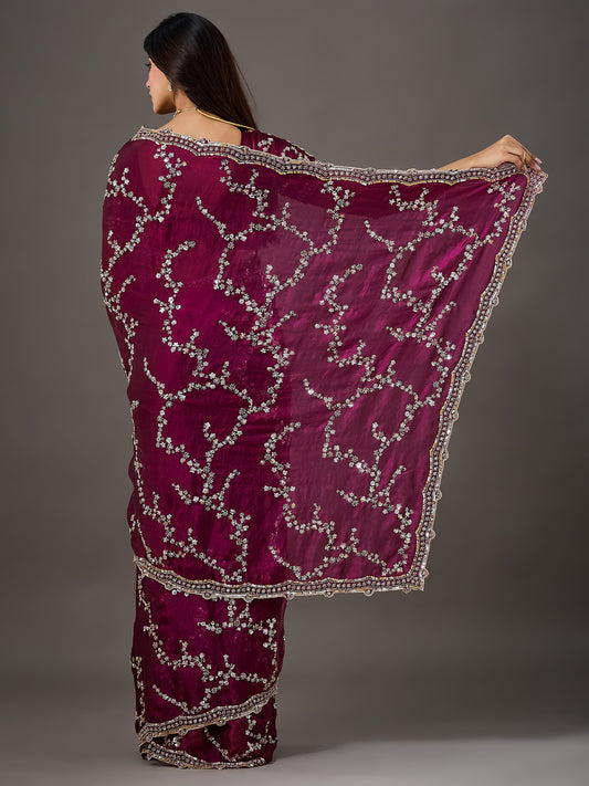 Wine Sequin Embroidered Shimmer Saree