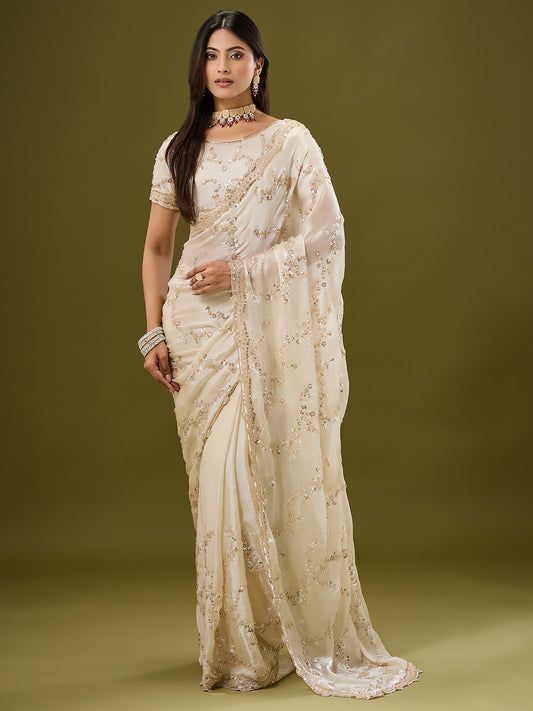 Ivory Sequin Embroidered Shimmer Saree