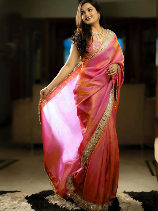Pink-Orange Dual Tone Silk Saree with Mirror Work Border