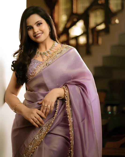 Lavender Tissue Saree with Gold Embroidered Border