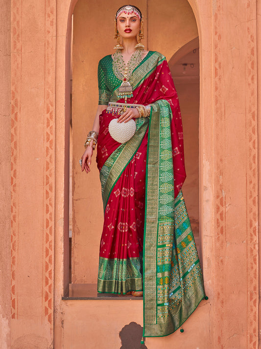 Red & Green Ethnic Motifs Woven Design Zari Saree