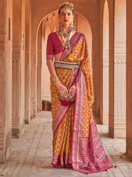 Mustard Gold Banarasi Silk Saree with Rani Pink Blouse