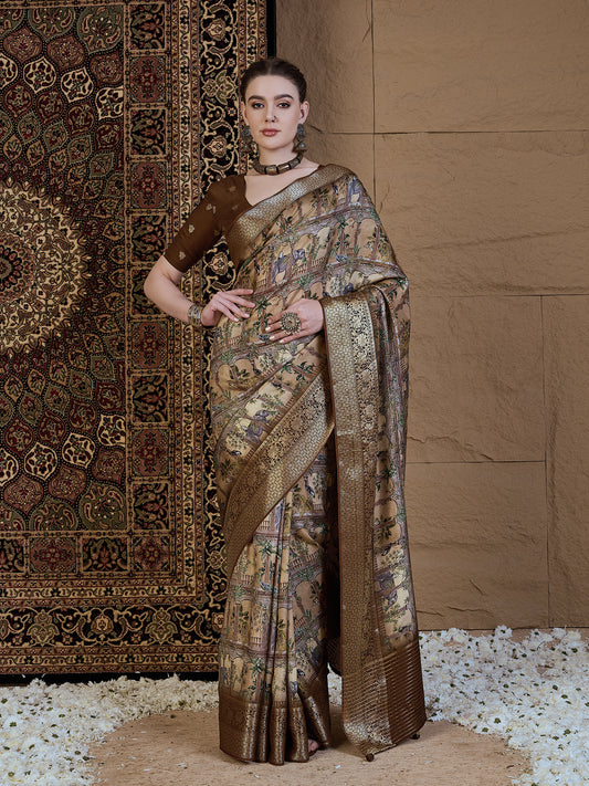 Beige Silk Blend Patola Style Digital Print Saree