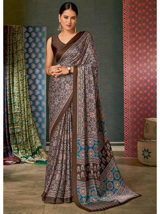 Chocolate Brown Ajrakh Silk Saree with Pink & Teal Floral Medallions, Teal Sun Pallu & Brown Blouse