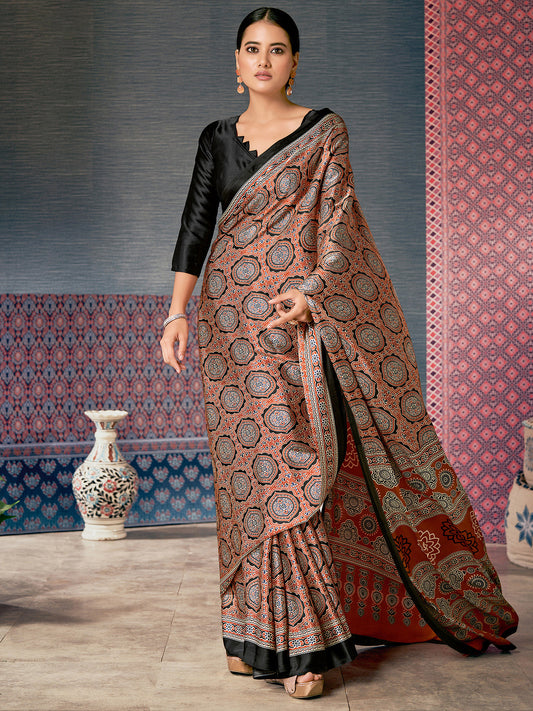 Rust Red Ajrakh Silk Saree with Geometric Sun Medallions, Paisley Buttas & Black Blouse