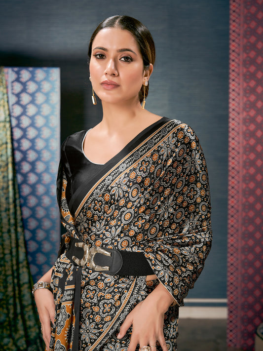 Black Ajrakh Silk Saree with Multicolour Floral Medallion