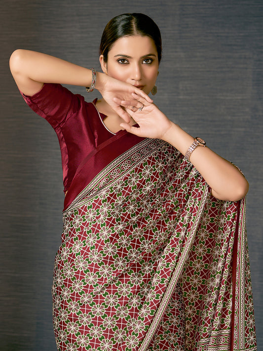 Ivory Ajrakh Silk Saree with Maroon & Green Geometric Star Lattice & Maroon Blouse