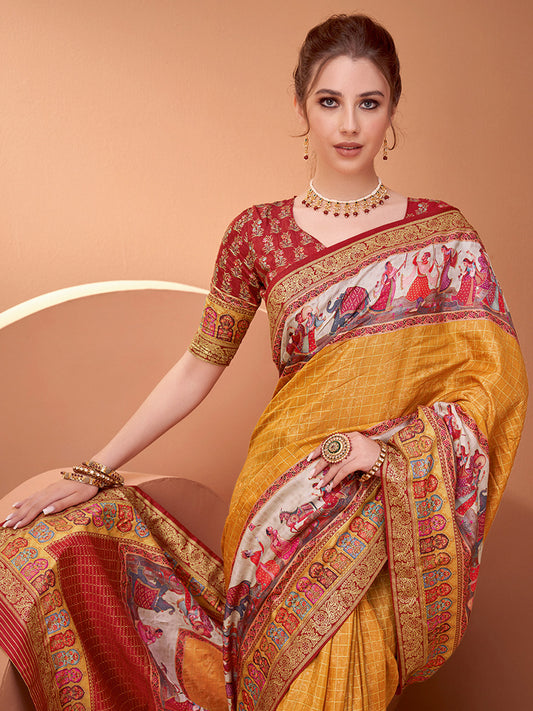 Mustard Yellow Silk Blend Pichwai Print Bandhani Pattern Contrast Blouse Saree