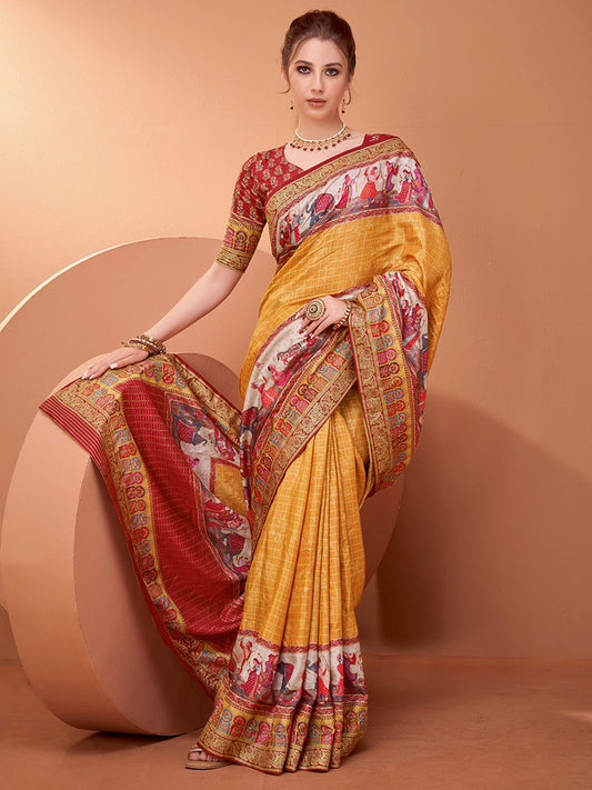 Mustard Yellow Silk Blend Pichwai Print Bandhani Pattern Contrast Blouse Saree