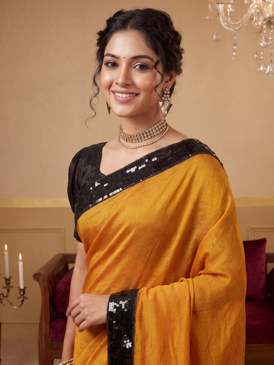 Mustard Yellow Sequin Border Party Wear Satin Silk Blend
