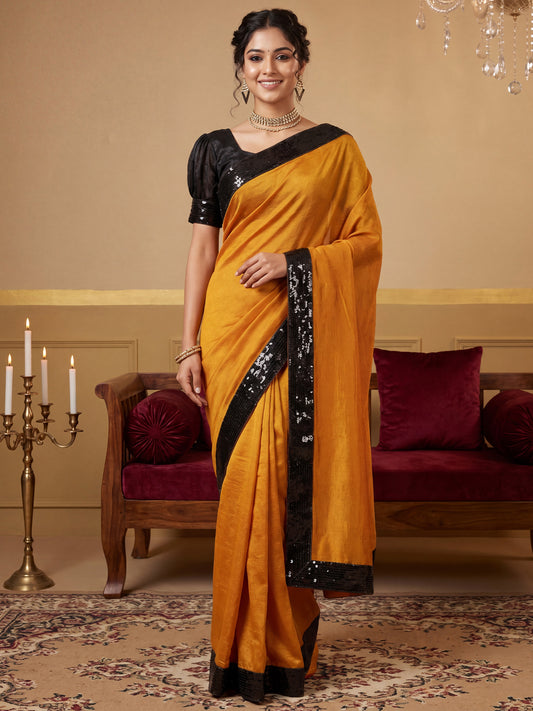 Mustard Yellow Sequin Border Party Wear Satin Silk Blend
