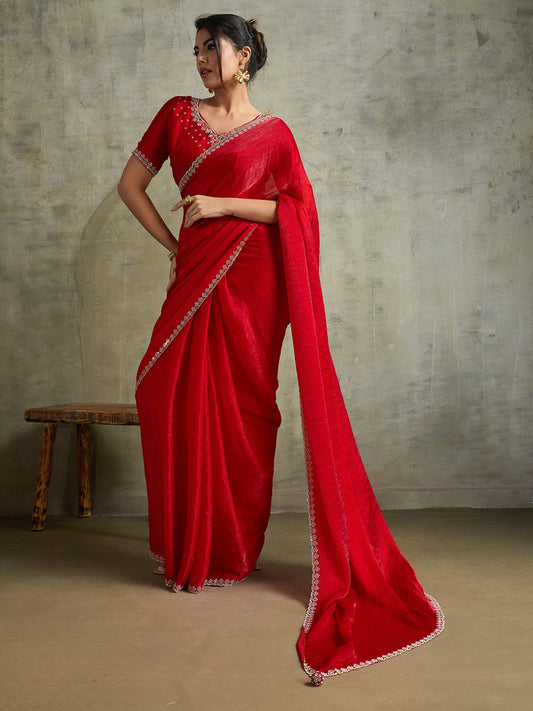 Royal Red Tissue Silk Saree With Zarkhan Work