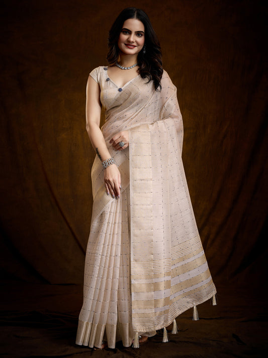 Cream Chanderi Silk Golden Zari Weaving Tassel Detail Blouse Saree