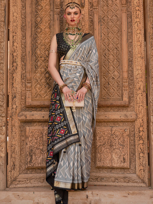 Grey & Black Silk Blend Patola Print Saree