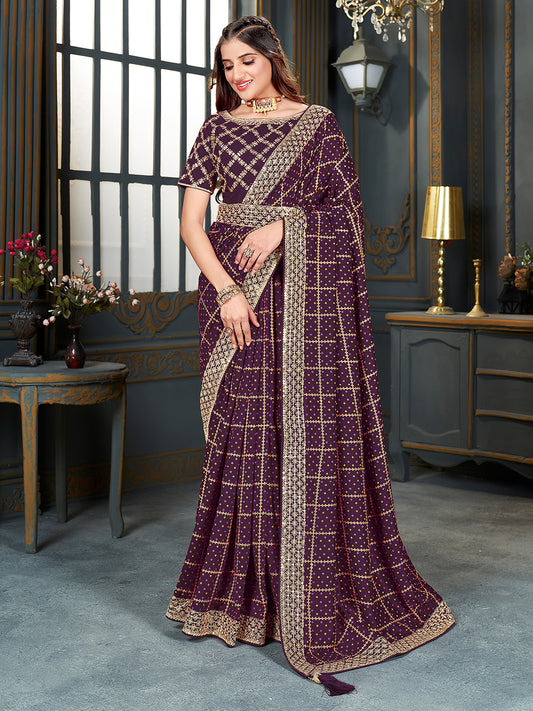 Purple Silk Saree with Gold Zari Border