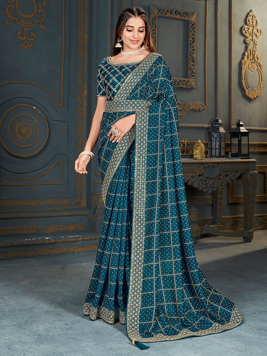 Teal Embroidered Georgette Saree with Heavy Work Blouse