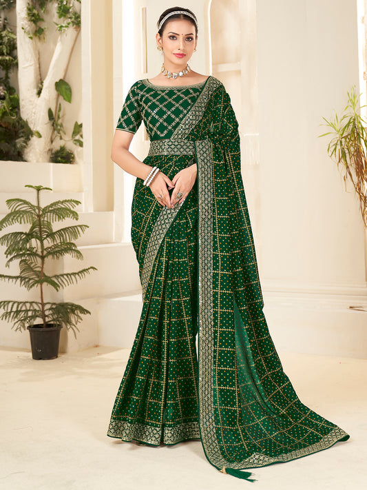 Dark Green Silk Blend Bandhani Print saree