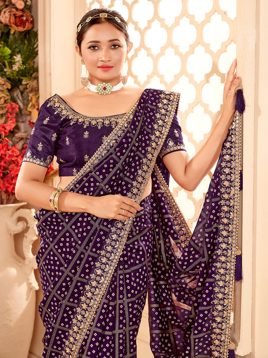Purple Silk Blend Bandhani Print saree