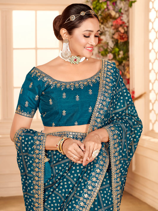 Sophisticated Rama Blue Embroidered Saree