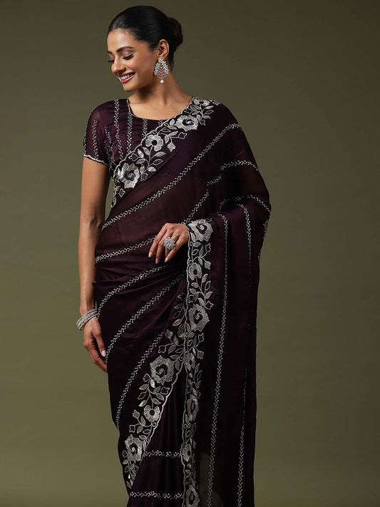 Dark Purple Satin Silk Embroidered Saree